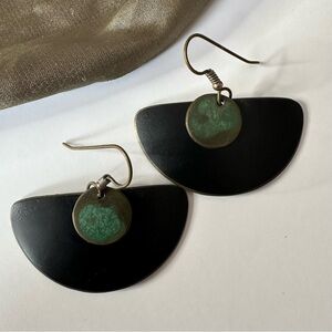 Vintage Boho/ Artsy Black and Patina Circle Half-Moon Earrings